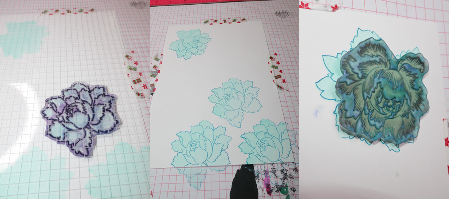 Using misti to stamp multiple flowers layers, outline layer, and first highlight layer