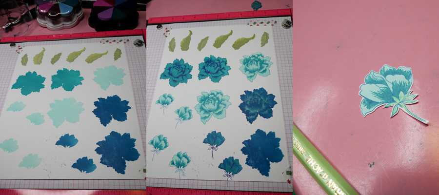 Stamping layered flowers, cutting them out and using pencil crayons to add final layers