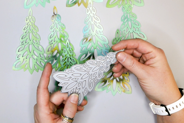 Using a Memory Box Die to Cut Brusho Colored Paper into Tree Images