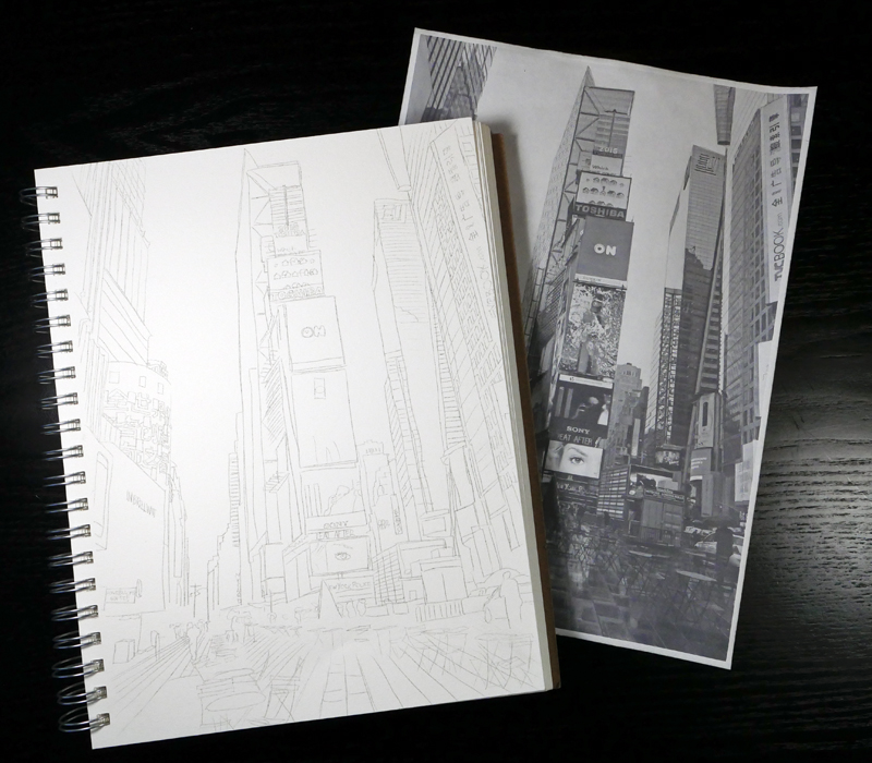 Using Graphite Paper to Trace an Image of Times Square into a Pentalic Mixed Media Journal