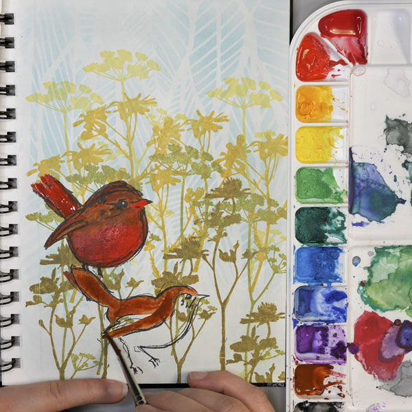 Painting Dina Wakley Media Scribbly Birds with Holbeing Gouache Paint