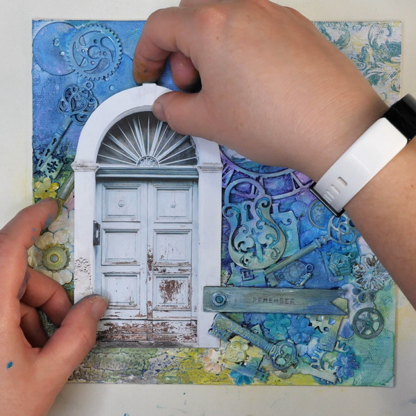 Adding Mintay Paper Door to Mixed Media Found Object Art Panel