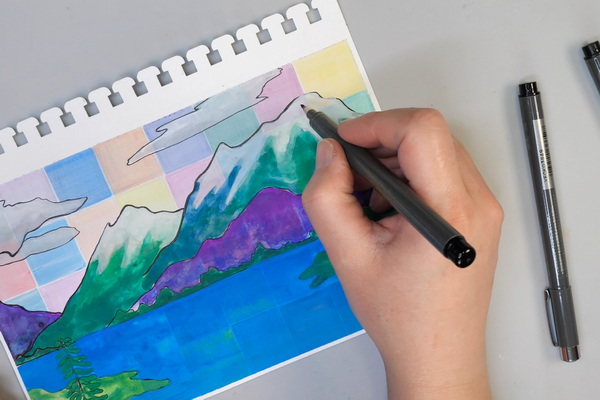 Adding ink to a gouache watercolor landscape