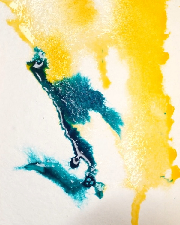 Ink Drips on Journal Page Using Dr. Ph. Martins India Ink in Yellow and Teal