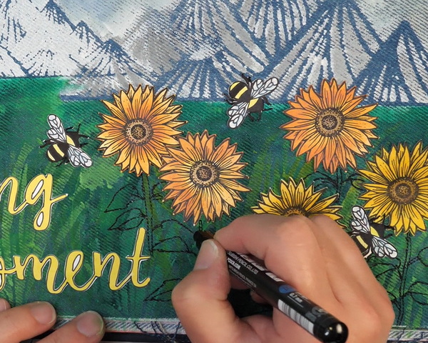 Adding Leaves and Stems to Sunflowers using Black Pebeo Paint Marker