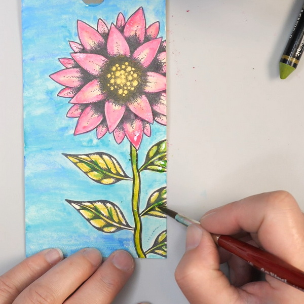 Blending Scribble Sticks on Tracy Scott Stamps with Davinci Cosmospin Watercolor Brush