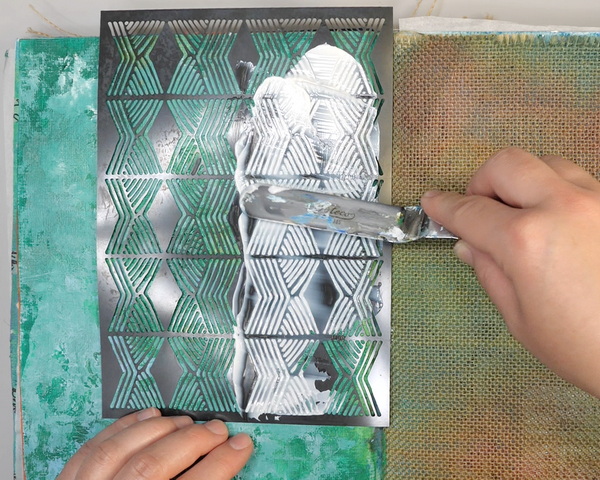 Adding Deco Foil Transfer Gel through a Studio Light Grunge Stencil