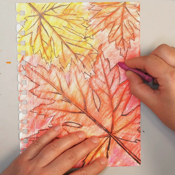 Adding Caran d'Ache Neocolor 1 Purple Wax Pastel to Leaf Rubbing Background