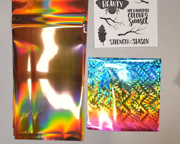 Sizes of Deco Foil Transfer Sheets 6 by 6 inch and 12 by 6 inch Deco Foil Transfer Sheets Rainbow Shattered Blass and Peach Princess