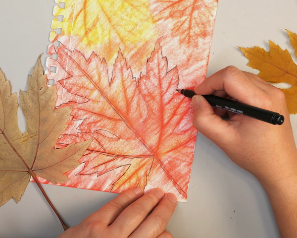 Sketching with Tombow Permanent Ink to leaf rubbings background created with Caran d'Ache Neocolor 1 Wax Pastels