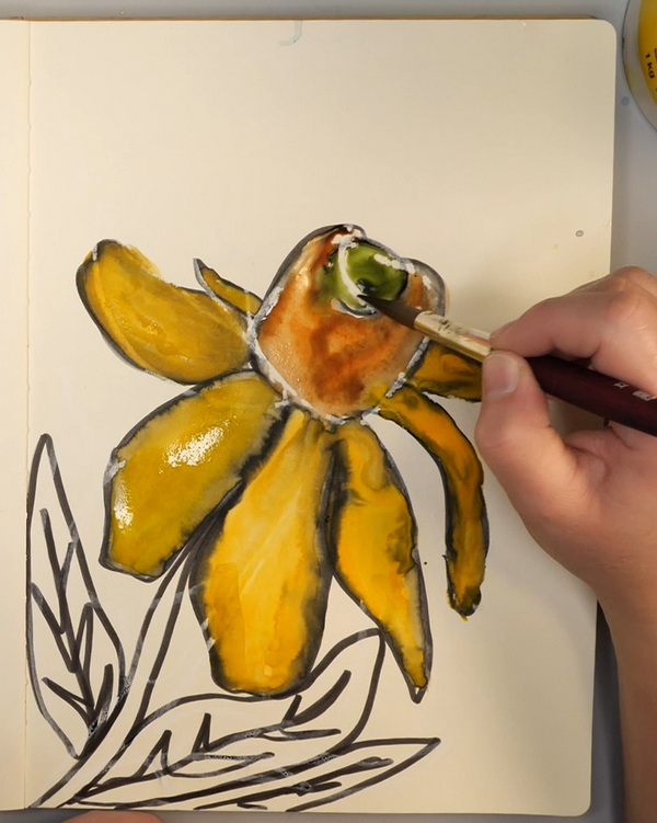 Adding watercolor to contour drawing of a daisy flower