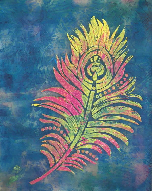 Crumpled Gel Prints on Deli Paper with Peacock Stencils–Tutorial Tidbits 