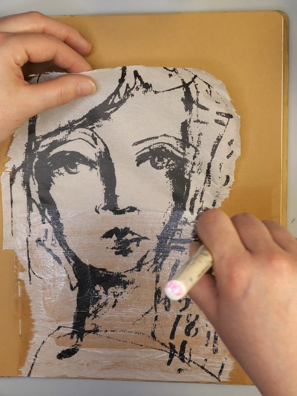 Adding Dina Wakley Collage Paper Faces on Kraft Art Journal