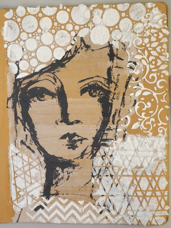 Golden Glass Bead Gel, Fiber Paste and Light Modeling Paste on Kraft Art Journal