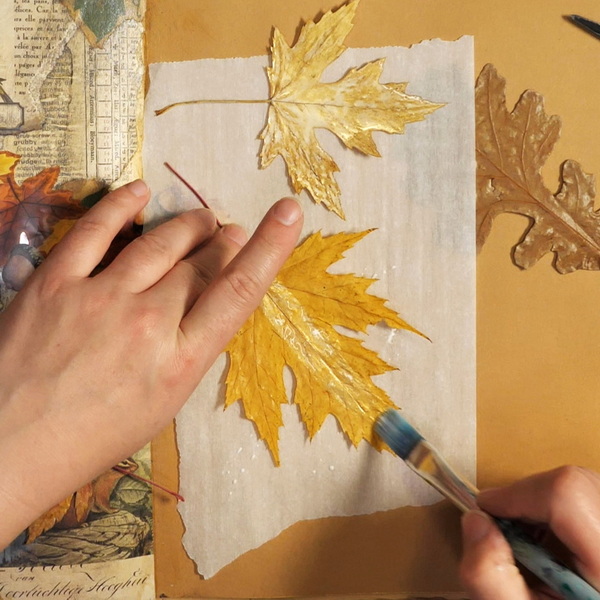 Altering Dried Leaves Using Golden Iridescent Gold Fine Fluid Paint
