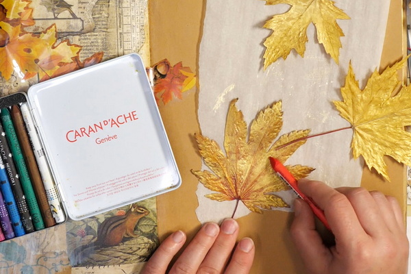 Altering Dried Leaves with Caran D'Ache Neocolor 1 Wax Pastels
