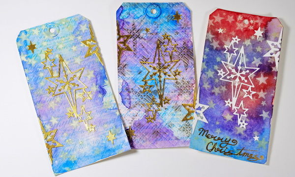 Easy Holiday Tag Designs Using Watercolor, Dies, Stencils and Sprays