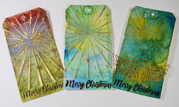 Easy Mixed Media Tags Using Tim Holtz Foundry Waxes, Watercolor and Embossing
