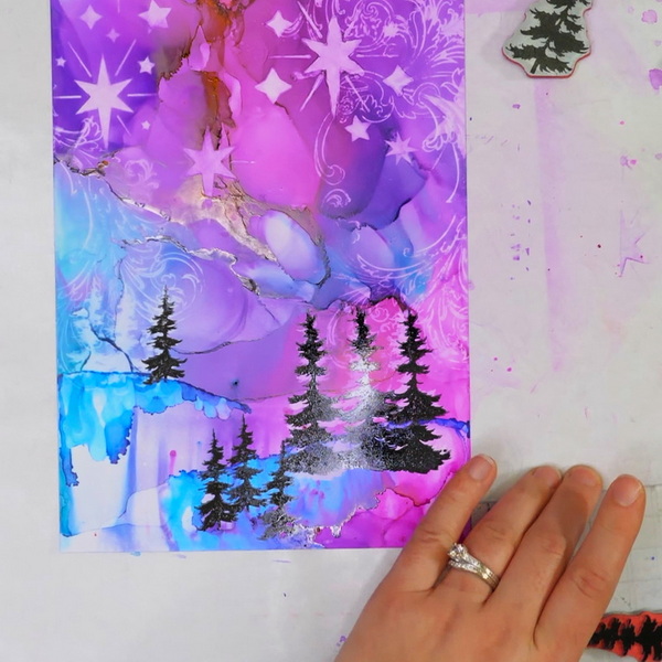 Adding Stamping to Alcohol Inks Using StazOn Jet Black Ink and Stamper's Anonymous Tree Line Stamp Set