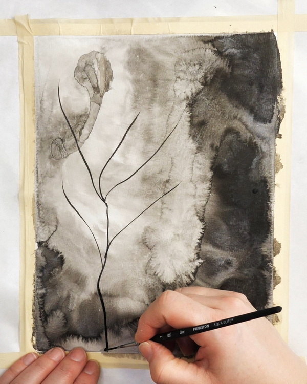 How to Paint a Tree with Ink sketching in main branches with ink and watercolor brush using Yasutomo Traditional Chinese Ink Silver Black and Chinese and watercolor brushes