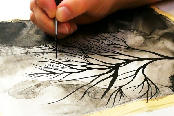 How to Paint a Tree adding fine branches with Ink using Yasutomo Traditional Chinese Ink Silver Black and Chinese and watercolor brushes