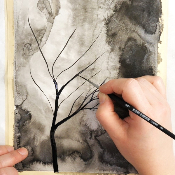 How to Paint a Tree with Ink painting in main branches using Yasutomo Traditional Chinese Ink Silver Black and Chinese and watercolor brushes