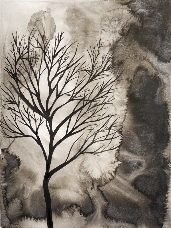 How to Paint a Tree with Ink using Yasutomo Traditional Chinese Ink Silver Black and Chinese and watercolor brushes