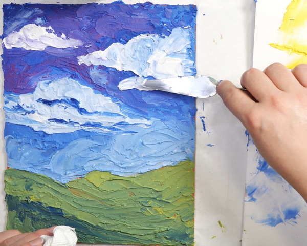 Adding Titanium White Tined Light Molding Acrylic Paste to a create clouds in a palette knife painting