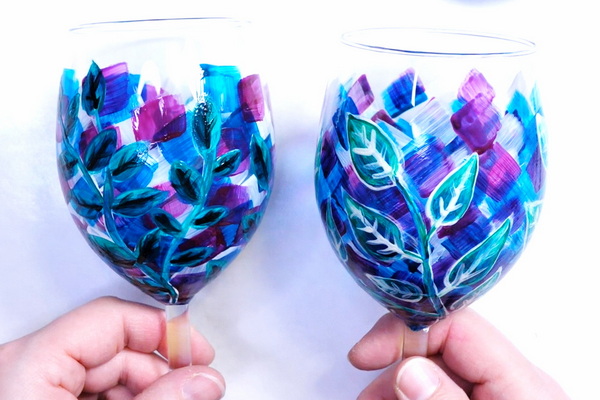 2 Layered Wine Glasses Painted by Nadine Milton of Hop-A-Long Studio with Pebeo Vitrea 160 Glass Paints
