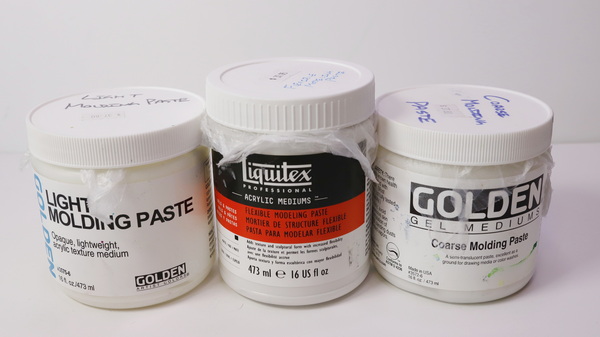 The variety of molding pastes available: Light and Coarse Molding Paste by Golden Acrylics and Liquitex Flexible Modeling Paste