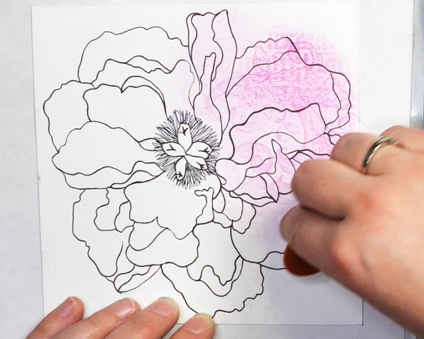 Adding shading to Peony Flower image using Pan Pastels Magenta