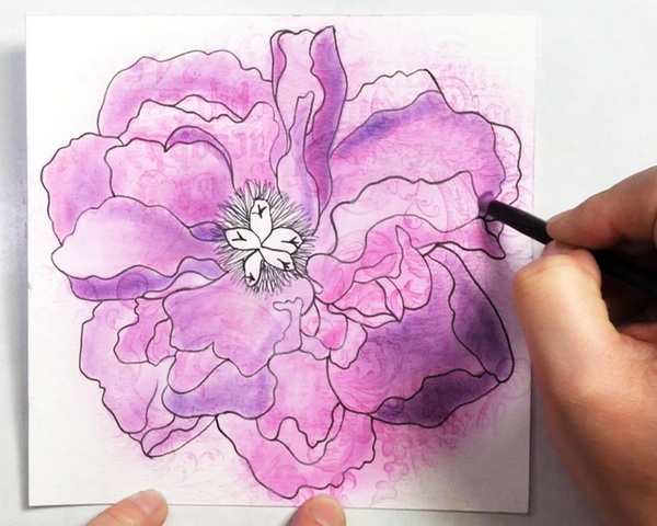 Adding Layers of Shading to Peony Using Pan Pastel colors magenta, violet, colorless blender and white coarse pearl medium