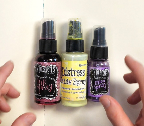 My favorite spray inks Dylusions Ink Spray and Mica Spray and Tim Holtz Distress Oxide Sprays