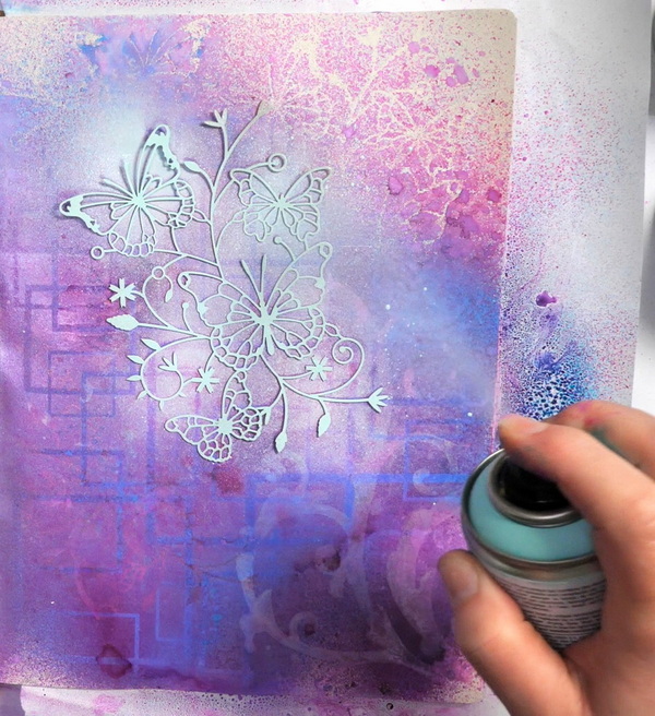 Adding Contrast to Art Journal Background using Lavinia Elegence Stencil and Pebeo Deco Blue Spray Paint