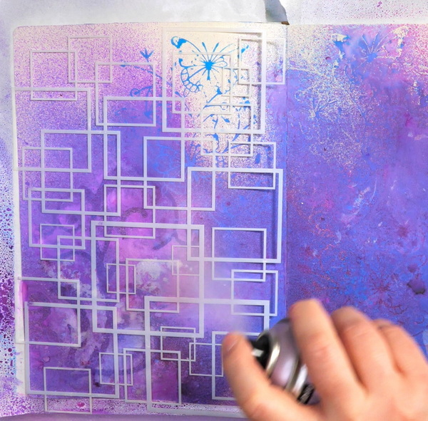 Adding Pebeo Pastel Pink Spray Paint through StencilGirl Squares Overlapping Stencil in art journal