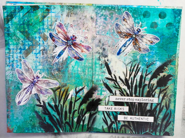 Adding Tim Holtz Ideaology Distress Quote Chips and Simply Stated Design Dragonfly Images to Collage Art Journal Page