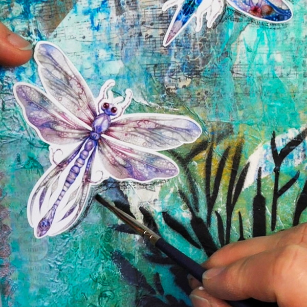 Adding Shadows with Stabilo All Pencil and Water to Simply Stated Design Dragonfly Images on Collage Art Journal Page