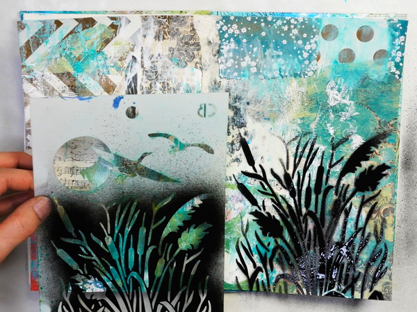 Adding Stenciling with Pebeo Spray Paints to Intuitive Collage Art Journal Page