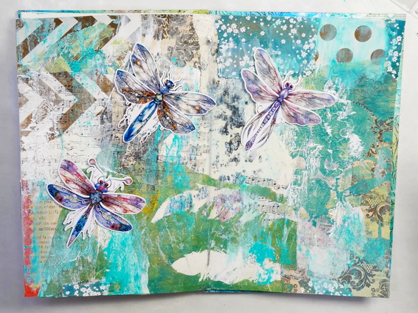 Deciding on Placement of Simply Stated Design Dragonfly Ephemera on Collage Art Journal Page