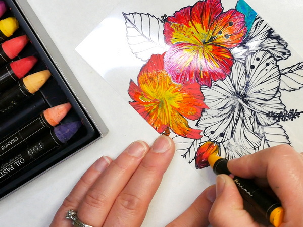 Coloring on Stamped Acetate Images with Prima Water-Soluble Oil Pastels