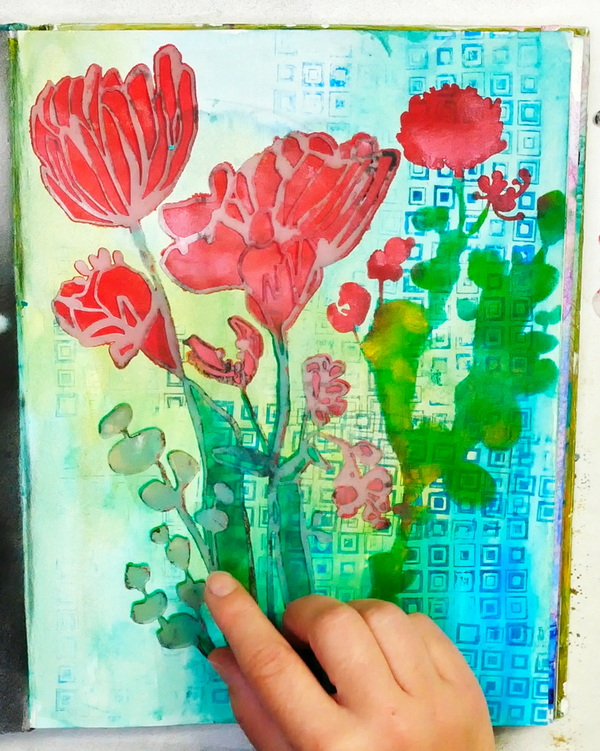 Adding StencilGirl Wildflowers Botanical Mask to Stenciled Image in an Art Journal