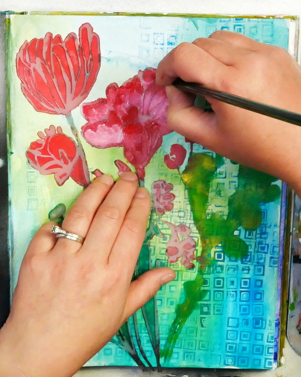 Painting Acrylic Paint on StencilGirl Wildflowers Botanical Stencil in an Art Journal