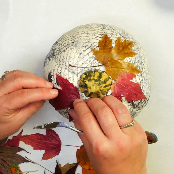 Pumpkin decoupage using Yes Stick Flat Glue and Natural Leaves