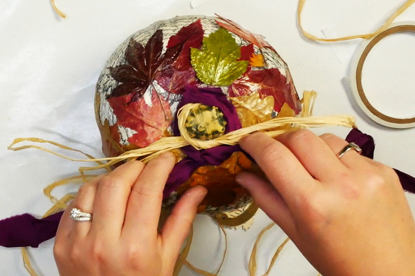 Adding Sari Ribbon and Raffia Ribbon to Decoupage Pumpkin