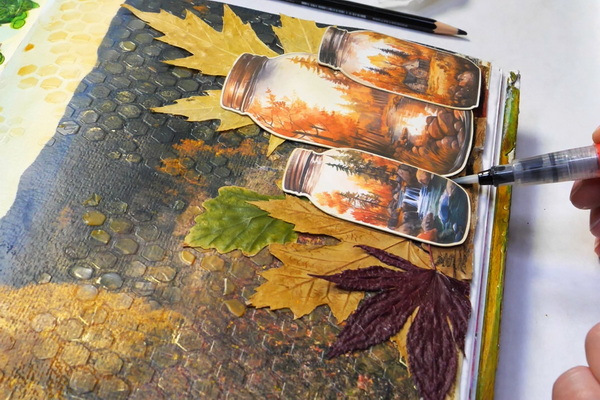 Adding shadows to Simply Stated Designs Thankful for my Gnomies Fall Jars on altered photo art journal page