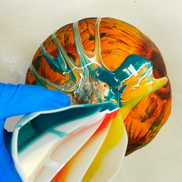 Adding a Paint Pour to a Pumpkin with Napkin Decoupage