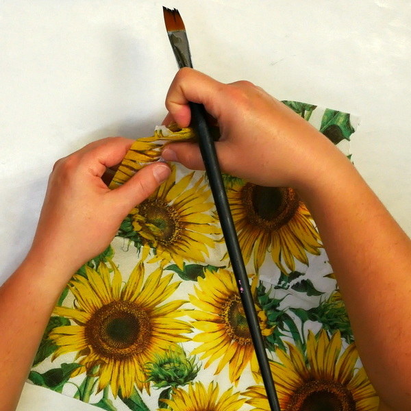 Tearing up Sunflower Napkins for Decoupage