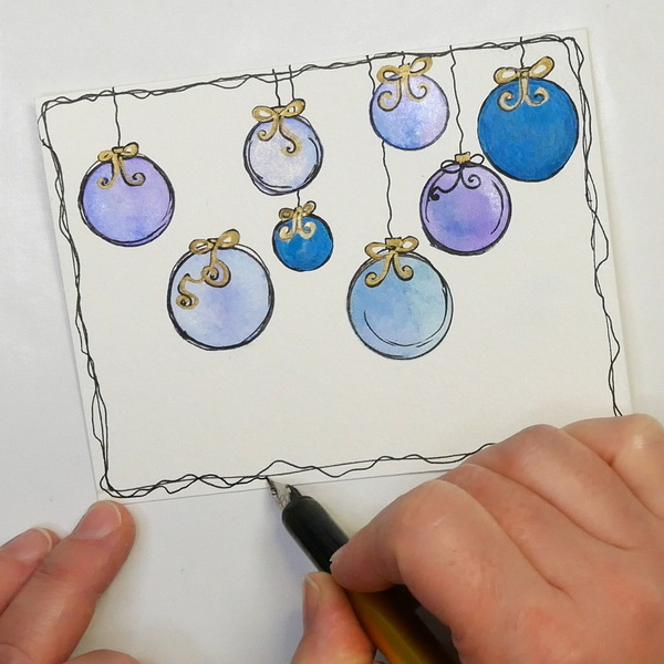 Simple watercolor Christmas cards adding doodle border with Platinum Plaisair fountain pen