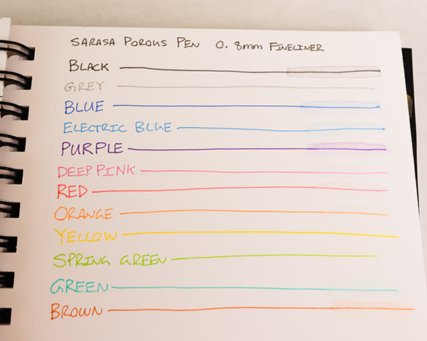 Zebra Sarasa Porous Pens Color Sample on Bristol Paper
