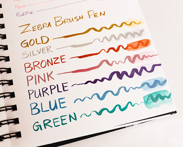 Zebra Metallic Brush Pens Color Sample on White Bristol Paper